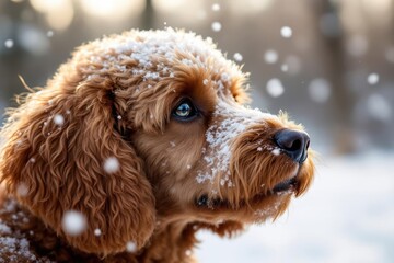 A brown king poodle waits where the snowball flies,