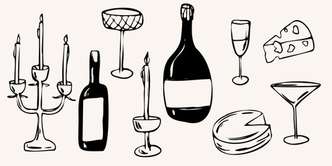 Vector hand drawn sketch illustration of candles, wine bottles, glasses, and cheese in a minimalist style. The monochrome outlines ideal for menus, logos, packaging, posters, and invitations