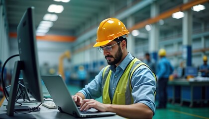 Engineer in factory workplace review production data on laptop. Factory worker analyze tech data on computer. Industrial worker using tech. Professional inspecting production. Workplace efficiency.
