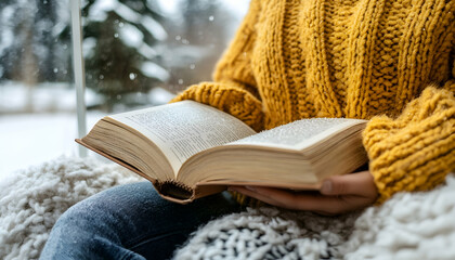Cozy winter scene Woman in a yellow sweater reads a book by a snowy window.