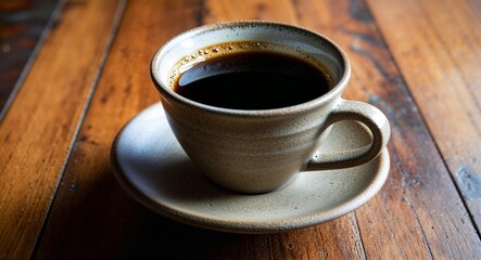 Freshly brewed coffee in a rustic cup on a table with visible grain