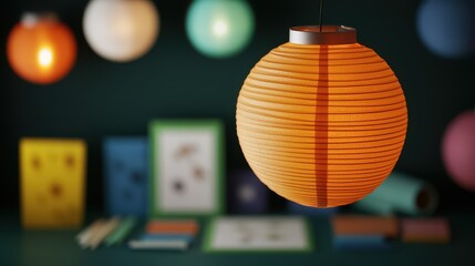 Fototapeta premium Chinese New Year Paperwork Background Concept, Glowing Lanterns Casting Shadows Over a Crafting Desk with Colorful Background Elements