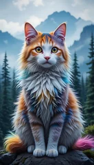 Plexiglas schilderij  beautiful of a cat with colorfuls hair and the background is a misty mountain forest  © INDYQ