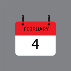 Calendar icon with February 4th date on grey background. Vector schedule symbol.