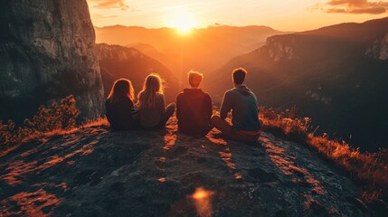 Back view of friends sitting by the edge of a cliff, watching the sun set over the mountains