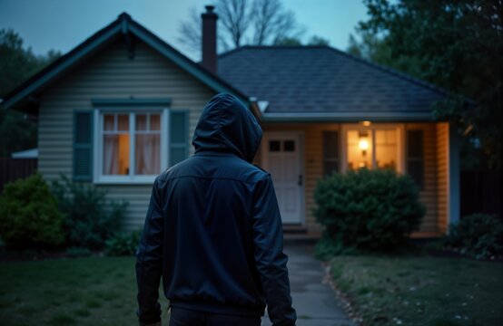 Person in dark clothing walks towards house at night. Suspect approaches house at dusk. Crime in progress. Security cameras possibly monitoring. Home owner at risk. House light. Potential criminal