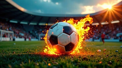 Naklejka premium Fiery Soccer Ball, Explosive Energy, Sports Passion, Field Flames, Dynamic Action, Intense Atmosphere