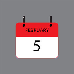 Calendar icon with February 5th date on grey background. Vector schedule symbol.