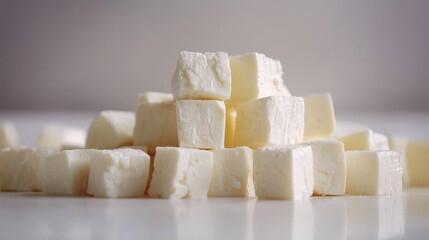 Closeup of feta cheese cubes arranged on a white surface, sharp focus highlighting their natural texture and form