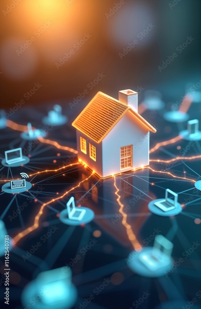 Leinwandbilder Virtual home icon connected to network. Smart home management system. Modern tech application for home automation. Wireless devices network. Digital interface on screen. Futuristic concept. Home