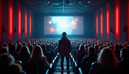 Large audience watches movie in cinema hall. Many people sit in rows of seats. Person stands center front. Cinema hall filled with anticipation. Excited moviegoers await film screening.