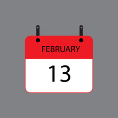 Calendar icon with February 13 date on grey background. Vector schedule symbol.