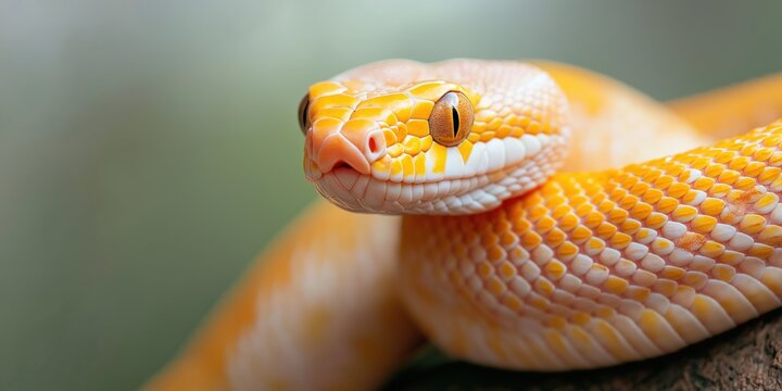 A yellow and white snake is on a branch. The snake is looking at the camera. The snake is small and thin