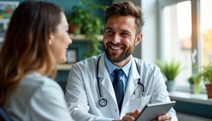 Friendly doctor consults happy patient in modern clinic. Professional healthcare service provided with care, expertise. Positive interaction during medical appointment. Indoor setting. Interior view.
