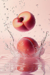 Peaches and water photography, pale pink background
