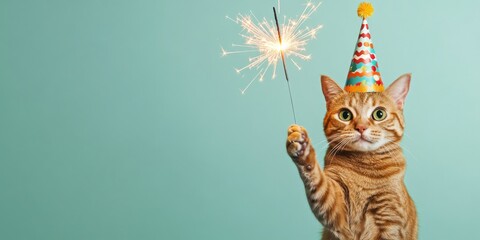 Cute cat in birthday hat holding sparkler on pastel green background with banner and copy space