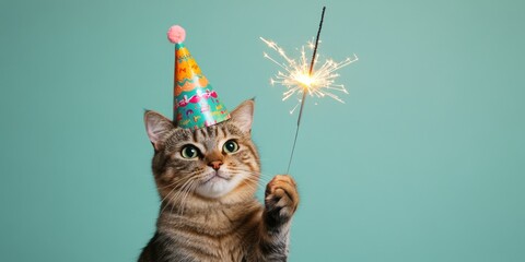 Cute cat in birthday hat holding sparkler on pastel green background with banner and copy space