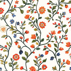 Floral pattern with vibrant flowers and green leaves on a light background, perfect for textile or wallpaper design.