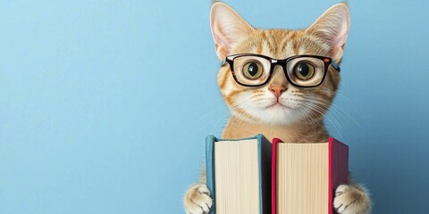 Intelligent Cat with Glasses Holding Stack of Books