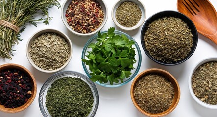A mix of dried and fresh herbs in bowls offering a visual and sensory delight