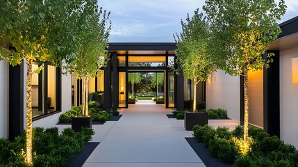 Obraz premium Modern Home Entrance with Illuminated Landscaping
