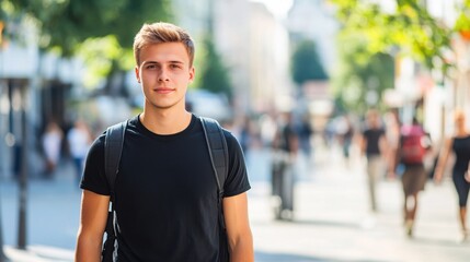 Confident young male walking outdoors in urban setting with backpack on summer day