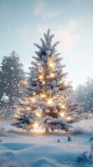 Snow Covered Christmas Tree With Lights And Ornaments