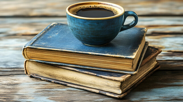 A steaming cup of dark coffee rests atop a stack of antique books, creating a cozy and studious atmosphere.  Perfect for themes of reading, knowledge, and relaxation.