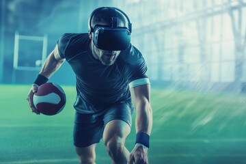 Virtual reality athlete trains with a football indoors in a modern sports facility