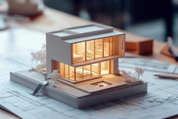 Small house model on blueprints with architectural drawings and design tools, web banner layout with copy space