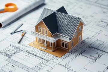 Small house model on blueprints with architectural drawings and design tools, web banner layout with copy space