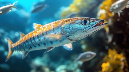 Underwater close-up of a barracuda swimming among vibrant coral reef and smaller fish.