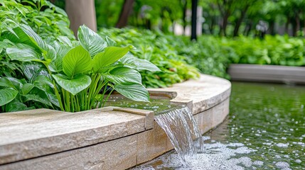 Serene Water Feature Surrounded by Lush Greenery and Vibrant Foliage in Garden