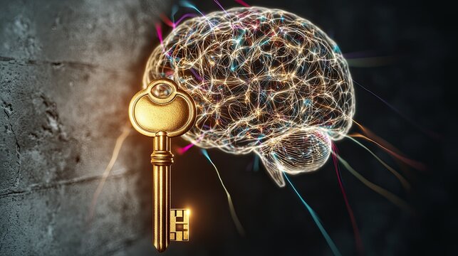 Creative Visuals Depicting Unlocking Talents and Abilities, a double exposure of a glowing golden key interwoven with vibrant threads of light emerging from a glowing human brain outline