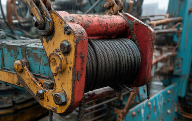 Close-up of a weathered crane hook and cable, glistening in the rain. A testament to hard work and resilience.
