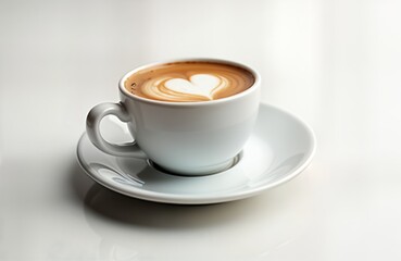 Fototapeta premium Elegant white ceramic coffee cup with latte art heart design. Simple, stylish tableware on white surface. Perfect for breakfast, cafes, morning beverage. Isolated image for food, drink print ads.