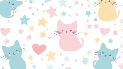 Pastel Cats Hearts and Stars Pattern Design