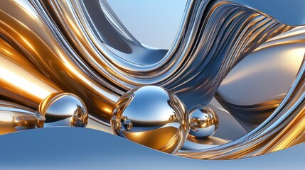 Fototapeta premium Abstract Metallic Waves and Spheres: A Digital 3D Golden and Silver Artistic Composition