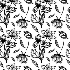 Cotton fabric Vector floral seamless pattern in monochrome style, featuring hand drawn flowers and leaves with delicate black and white line art, suitable for wallpapers, textiles, packaging, covers, and prints