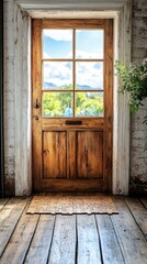 Country Door. Rustic wooden door with glass panels bright countryside