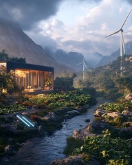 Tranquil Modern House in Nature with Wind Turbines and Scenic Landscape Under Dramatic Clouds at Sunset, Surrounded by Lush Vegetation and a Gentle Stream