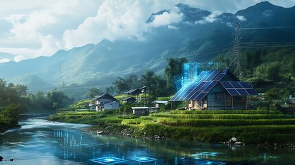 Fototapeta premium Serene Rural Landscape with Solar Panels and Sustainable Farming Practices Amidst Lush Mountains and Clear Water in a Modern Eco-Friendly Setting