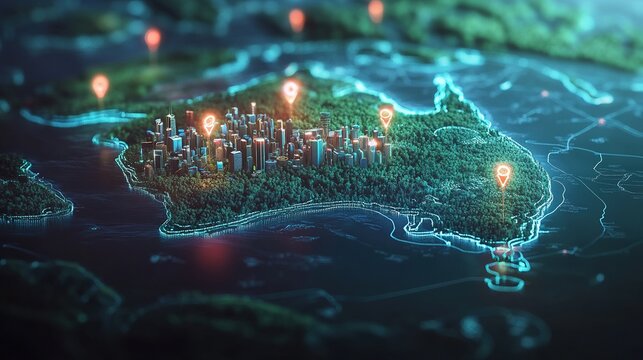 Detailed digital map of Australia with cities highlighted.