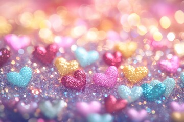 Enchanting Valentine's backdrop with delicate pastel hearts and sparkling bokeh lights for romantic designs