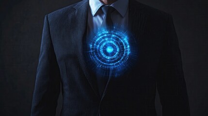 Futuristic Businessman with Digital Core Emblem Glowing in Chest Region
