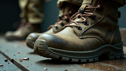 Military Boots and Protector Closeup,  High Detail, Realistic, Depth of Field,  Epic