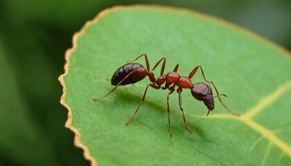 red ant on green leaf