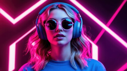 A young woman with wavy hair, wearing oversized sunglasses and headphones, stands confidently against a backdrop of pink and blue neon lights. The atmosphere is electric and engaging