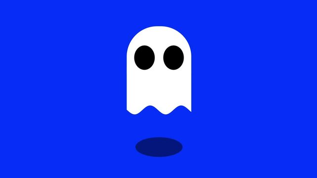 Animation of whimsical ghost character with large black eyes and a friendly expression, set against a bold blue background, inviting smiles and laughter