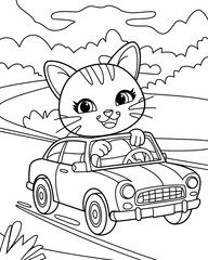 Cat coloring page for kids, Cute cat black and white hand drawing vector isolated white background